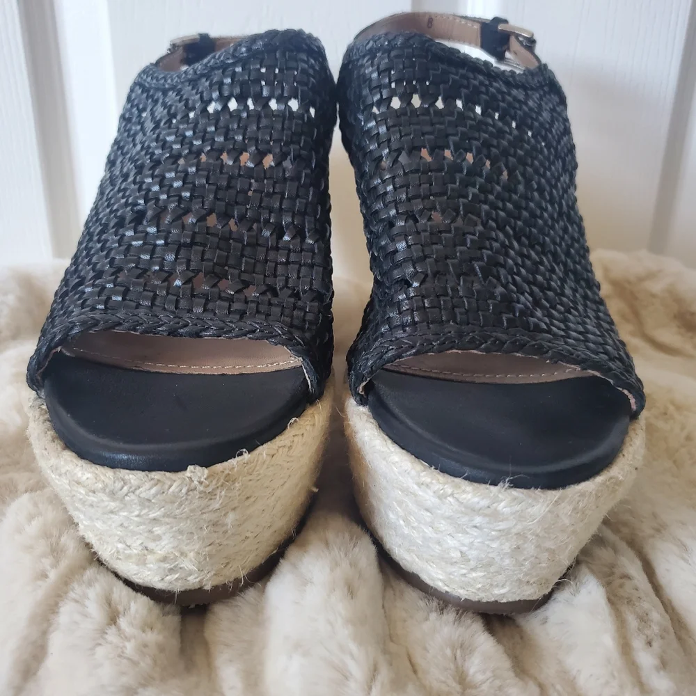 Black Leather Peep Toe Wedge Espadrilles